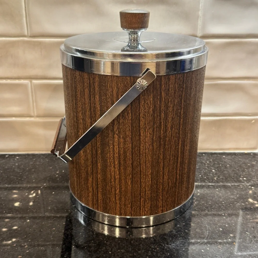 Vintage Kromex Ice Bucket Faux Wood Grain Chrome Mid‎ Century Modern Made in USA